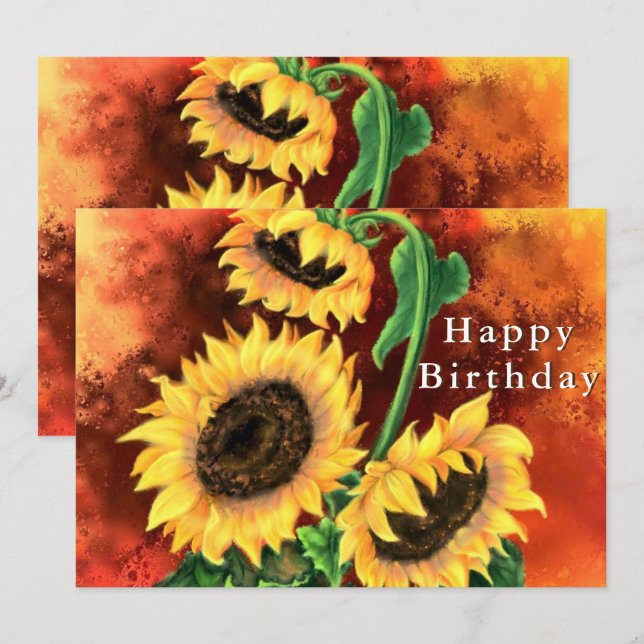 Carte Joyeux Anniversaire - Beau Trois Tournesols - (Devant / Derrière)
