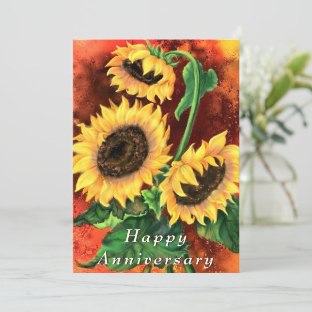 Carte Joyeux anniversaire - Beau trois tournesols art (Debout devant)
