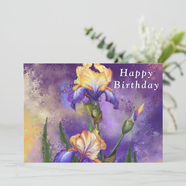 Carte Joyeux Anniversaire - Belles Fleurs Iris (Debout devant)