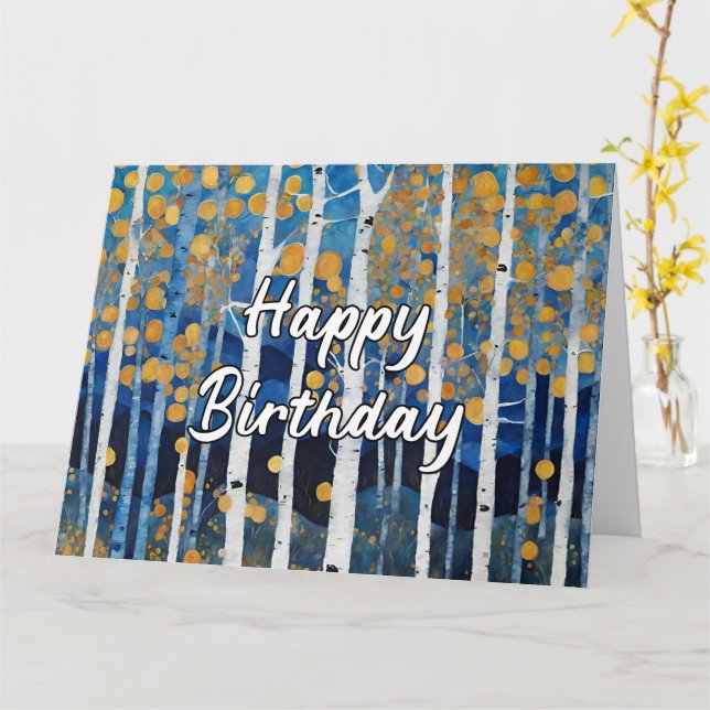 Carte Joyeux Anniversaire Bleu Arbre d'Aspen Or (Fleur jaune)