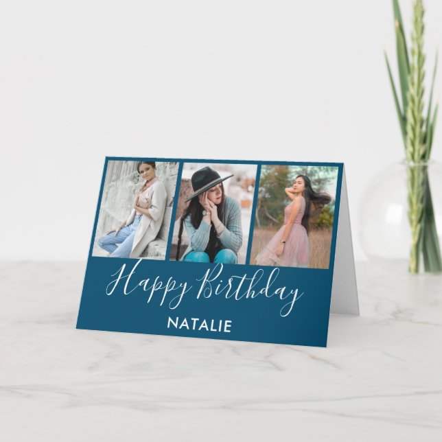 Carte Joyeux anniversaire bleu et blanc 3 photo Collage (Devant)