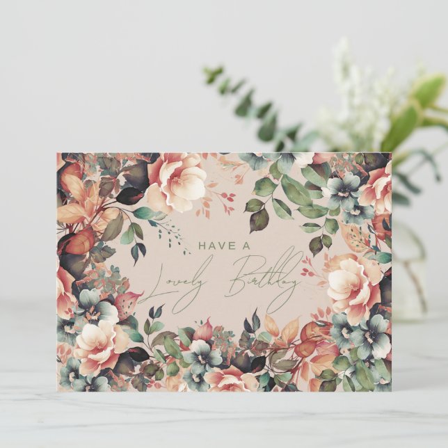 Carte Joyeux Anniversaire Bohème Jardin Floral Champagne (Debout devant)