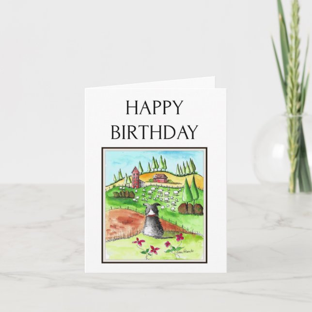 Carte Joyeux Anniversaire, Bordure Collie, Moutons, Art  (Devant)