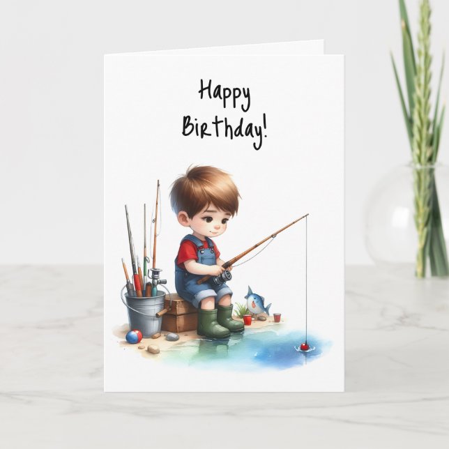 Carte Joyeux Anniversaire Boy Fishing Pond Overalls Chem (Devant)