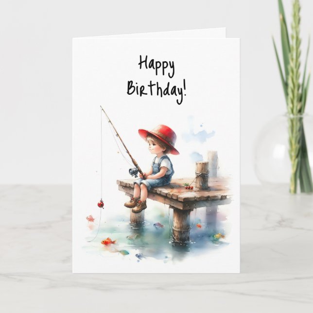 Carte Joyeux Anniversaire Boy Fishing Pond Pier Rouge Ca (Devant)