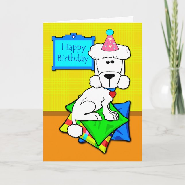 Carte Joyeux anniversaire, caniche standard blanc sur (Devant)