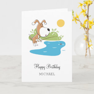 Carte Joyeux Anniversaire Caricature Chien mignon Pêche 