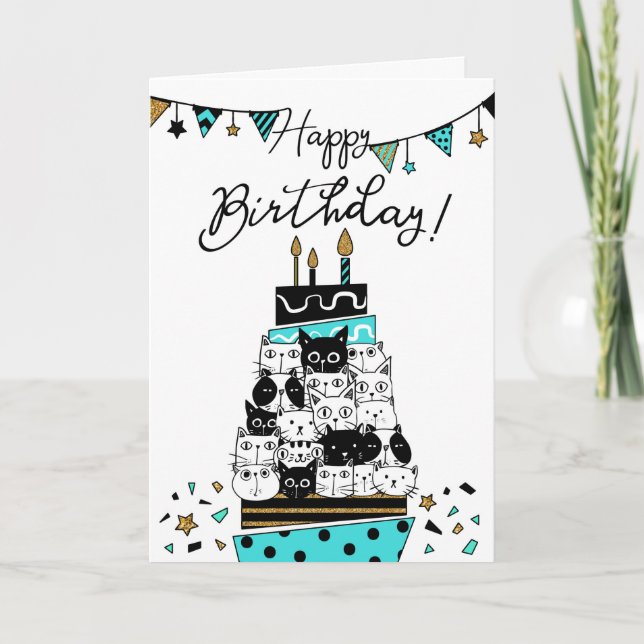 Carte Joyeux anniversaire Cat Cake et Fête (Devant)