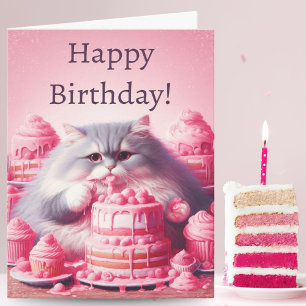 Carte Joyeux Anniversaire Chat Avec Gâteau Rose