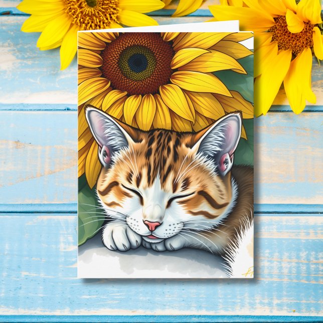 Carte Joyeux anniversaire | Chat et tournesol (Créateur téléchargé)