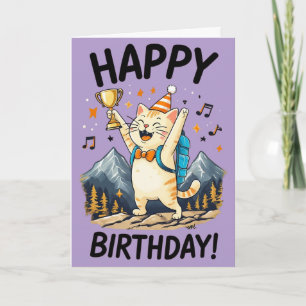 Carte Joyeux anniversaire chat randonneur avec trophée e