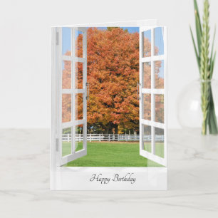 Carte Joyeux anniversaire Chêne d'automne dans la fenêtr