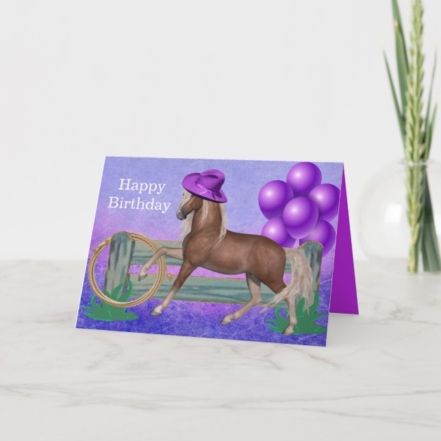 Carte Joyeux Anniversaire Cheval Avec Chapeau Violet et  (Devant)