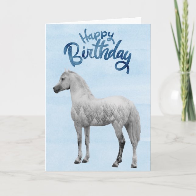 Carte Joyeux Anniversaire Cheval Blanc Neigeux  (Devant)