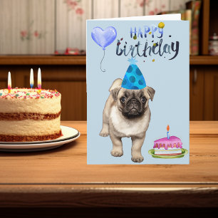 Carte Joyeux Anniversaire Chien Carlin Chiot Blanc Aquar