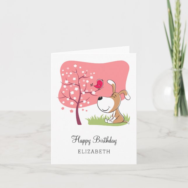 Carte Joyeux Anniversaire Chien Chiot Puppy Oiseau Fleur (Devant)