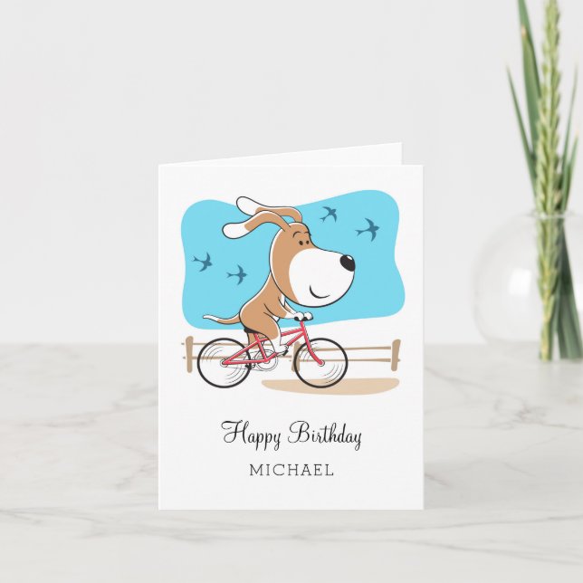 Carte Joyeux Anniversaire Chien Chiot Puppy Vélo équitat (Devant)