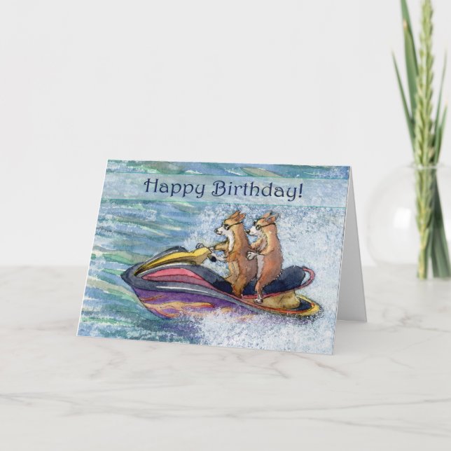 Carte Joyeux anniversaire, chien de corgi conduisant son (Devant)