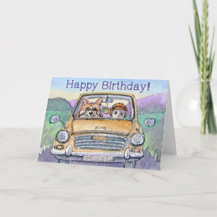 Carte Joyeux anniversaire, chien de corgi conduisant son