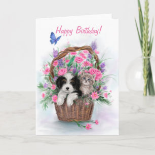 Carte Joyeux anniversaire, chien et chat dans le panier 