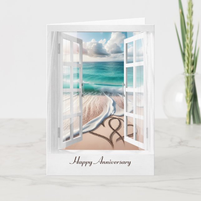 Carte Joyeux Anniversaire Coeurs de plage dans la fenêtr (Devant)