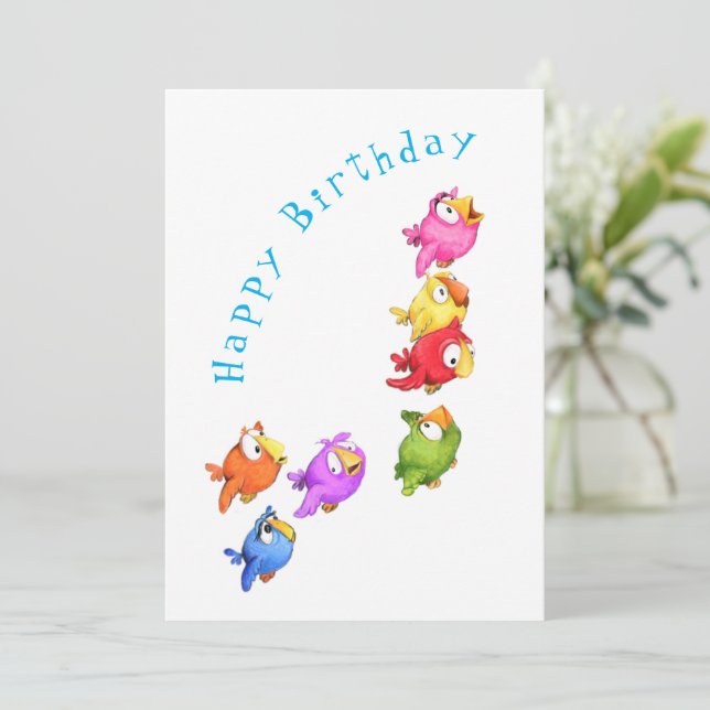 Carte Joyeux anniversaire - Colorful Happy Flying Birds (Debout devant)