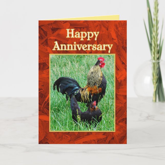Carte Joyeux Anniversaire Coq et Poule Plumes Rouges (Devant)