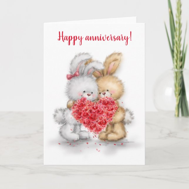 Carte Joyeux anniversaire, couple de lapins avec coeur (Devant)