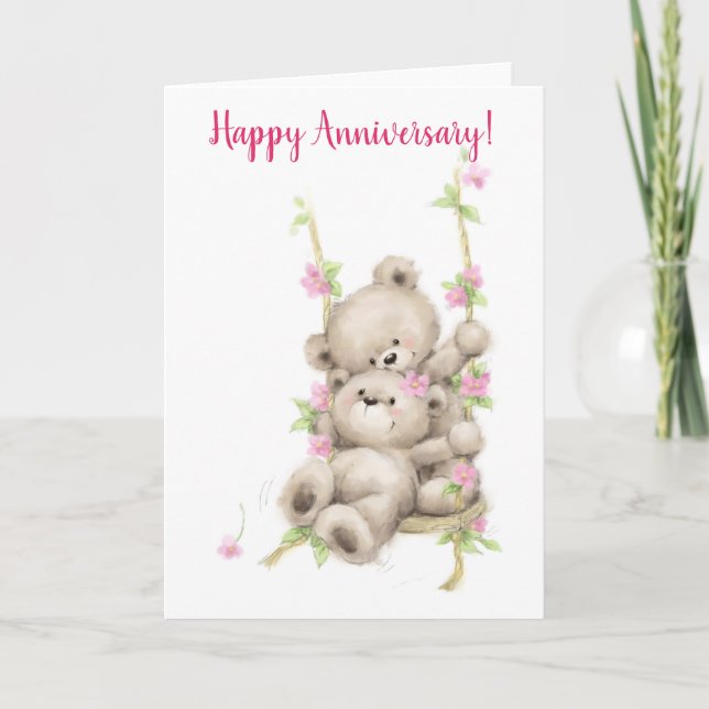 Carte Joyeux anniversaire, couple d'ours sur la balançoi (Devant)