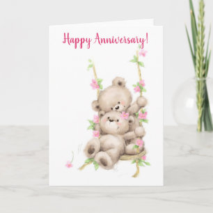 Carte Joyeux anniversaire, couple d'ours sur la balançoi