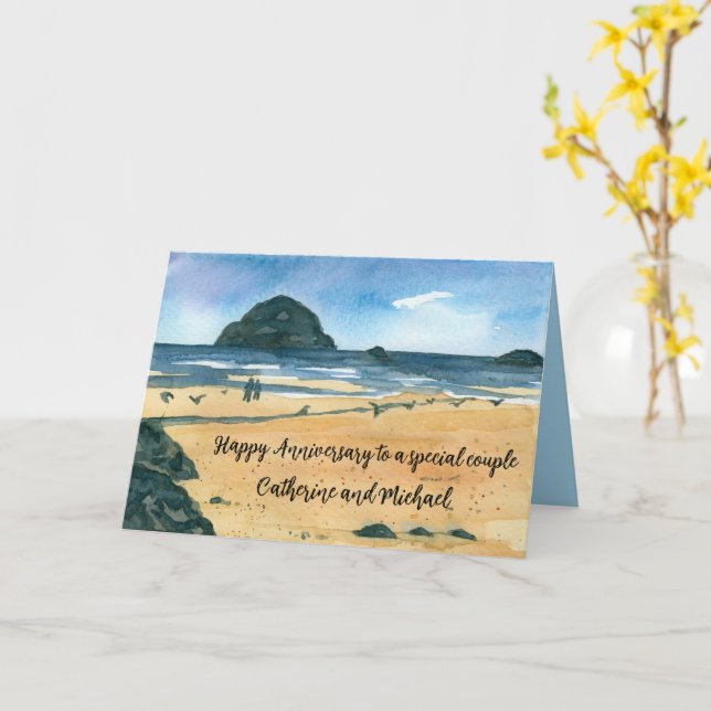 Carte Joyeux Anniversaire Couple Ocean Beach Nom personn (Fleur jaune)