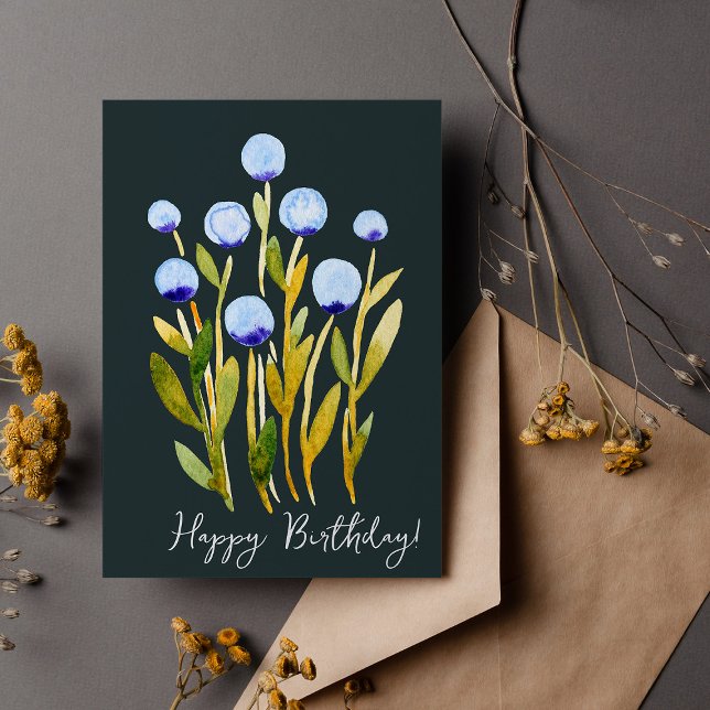 Carte Joyeux anniversaire de fleurs d'aquarelle bleue mi (Créateur téléchargé)