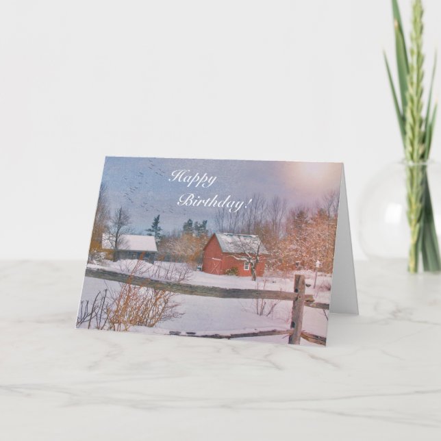 Carte Joyeux anniversaire de la ferme d'hiver (Devant)
