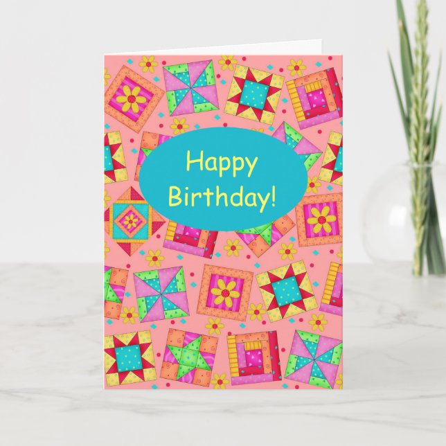 Carte Joyeux anniversaire de patchwork d'art orange de (Devant)