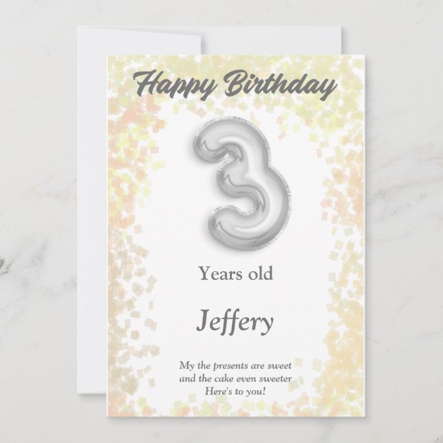 Carte Joyeux anniversaire de trois ans (Devant)