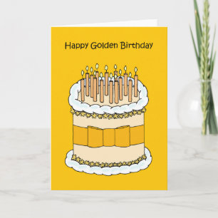 Carte Joyeux Anniversaire d'or, gâteau et bougies.