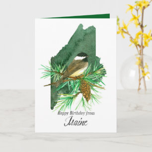 Carte Joyeux anniversaire du Maine Chickadee Pinecone