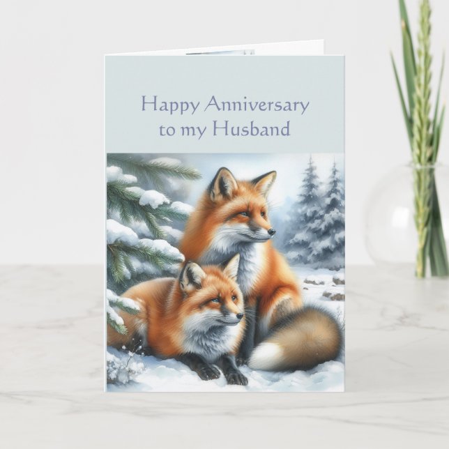 Carte Joyeux anniversaire du mari Couple de renard d'hiv (Devant)