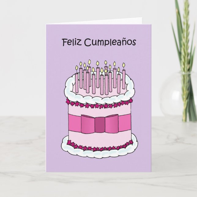 Carte Joyeux anniversaire en espagnol gâteau et bougies (Devant)