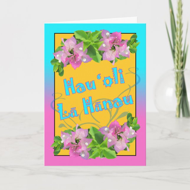 Carte Joyeux Anniversaire en hawaïen avec Bougainvillea (Devant)