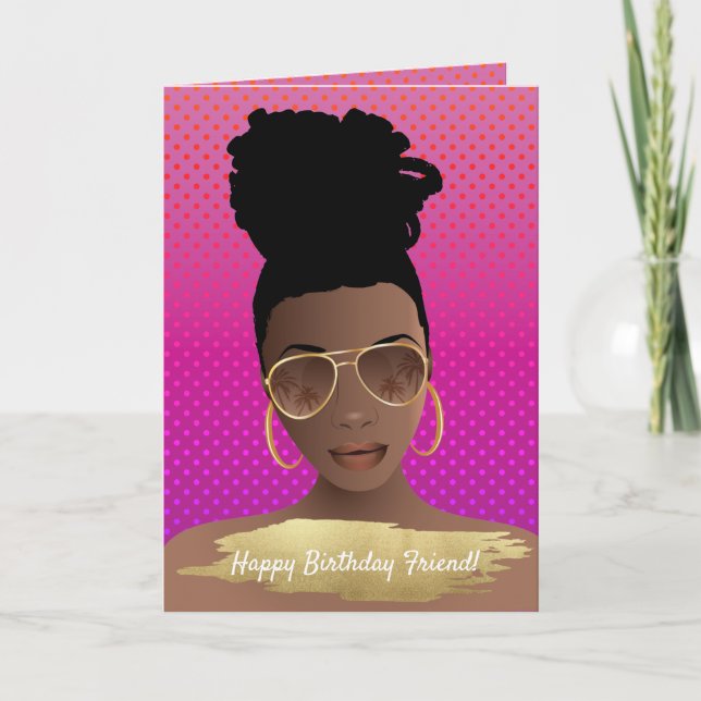 Carte Joyeux anniversaire ! Femme noire aux tons or rose (Devant)