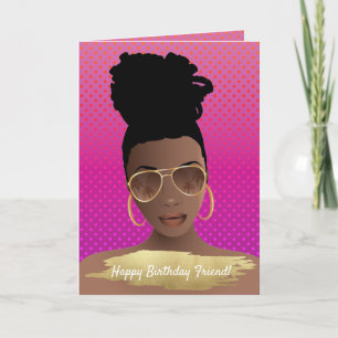 Carte Joyeux anniversaire ! Femme noire aux tons or rose