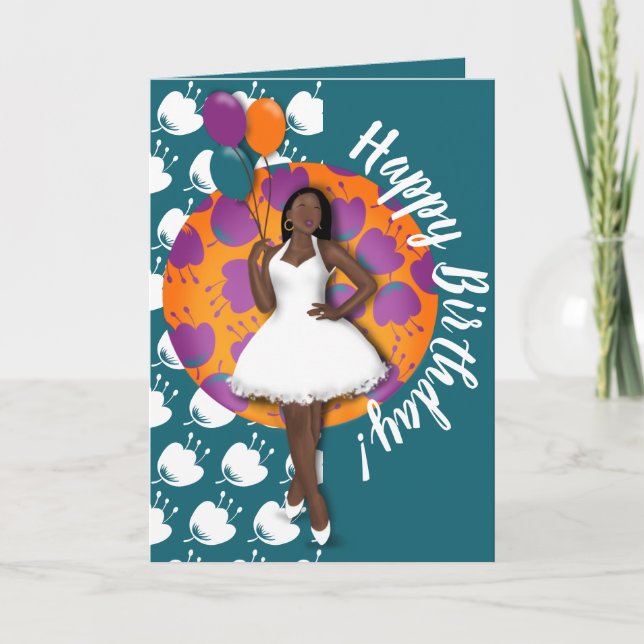 Carte Joyeux anniversaire ! Femme noire, Ballons & Fleur (Devant)