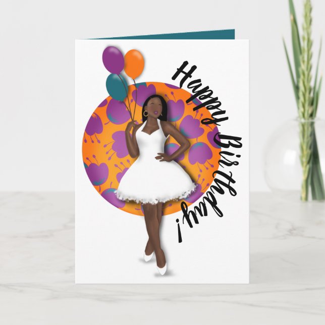 Carte Joyeux anniversaire ! Femme noire, Ballons & Fleur (Devant)