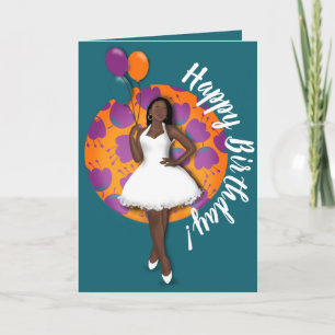 Carte Joyeux anniversaire ! Femme noire, Ballons & Fleur