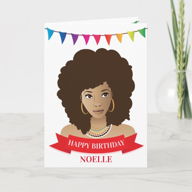 Carte Joyeux Anniversaire, Femme noire, Bannière colorée (Devant)