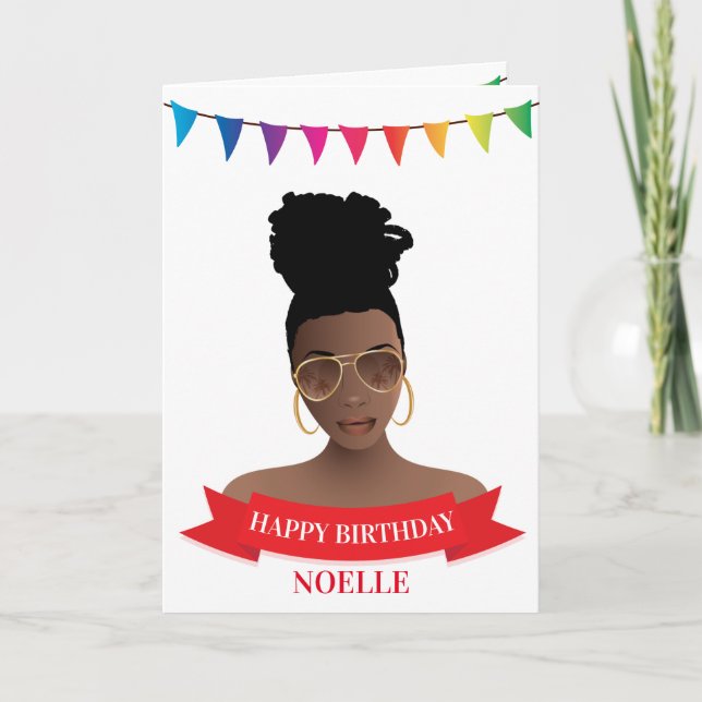 Carte Joyeux Anniversaire, Femme noire, Bannière colorée (Devant)