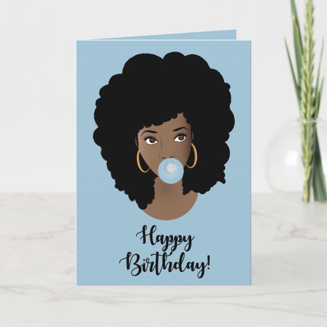 Carte Joyeux anniversaire ! Femme noire, Bubblegum, Bleu (Devant)