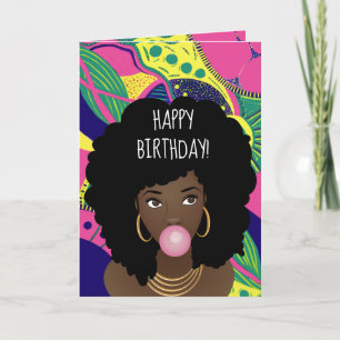 Carte Joyeux anniversaire ! Femme noire, Bubblegum, Colo