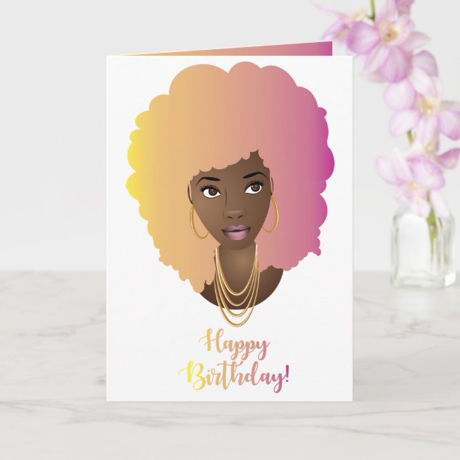 Carte Joyeux anniversaire ! Femme noire, cheveux colorés (Orchidée)